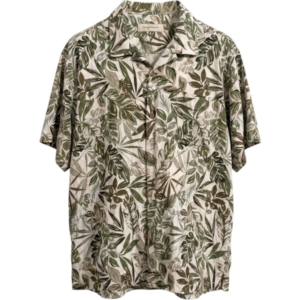 Tommy Bahama Silk Tropical Leaf Print Shirt Mens XL Green Cream Camp Collar